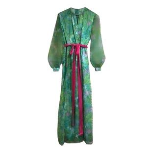 Vintage Maxi Dress Size XS Green Floral Print Puff Sleeve